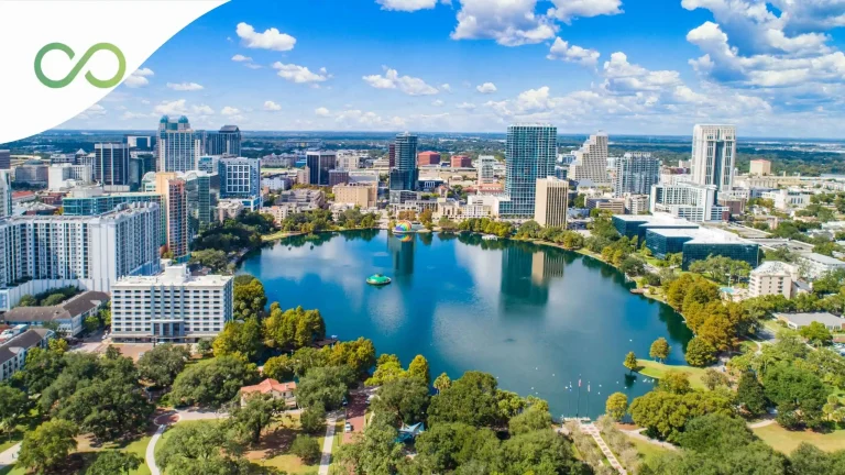 Aerial view of a modern city skyline surrounding a scenic lake, with green spaces, skyscrapers, and a bright blue sky, symbolizing urban sustainability green loop