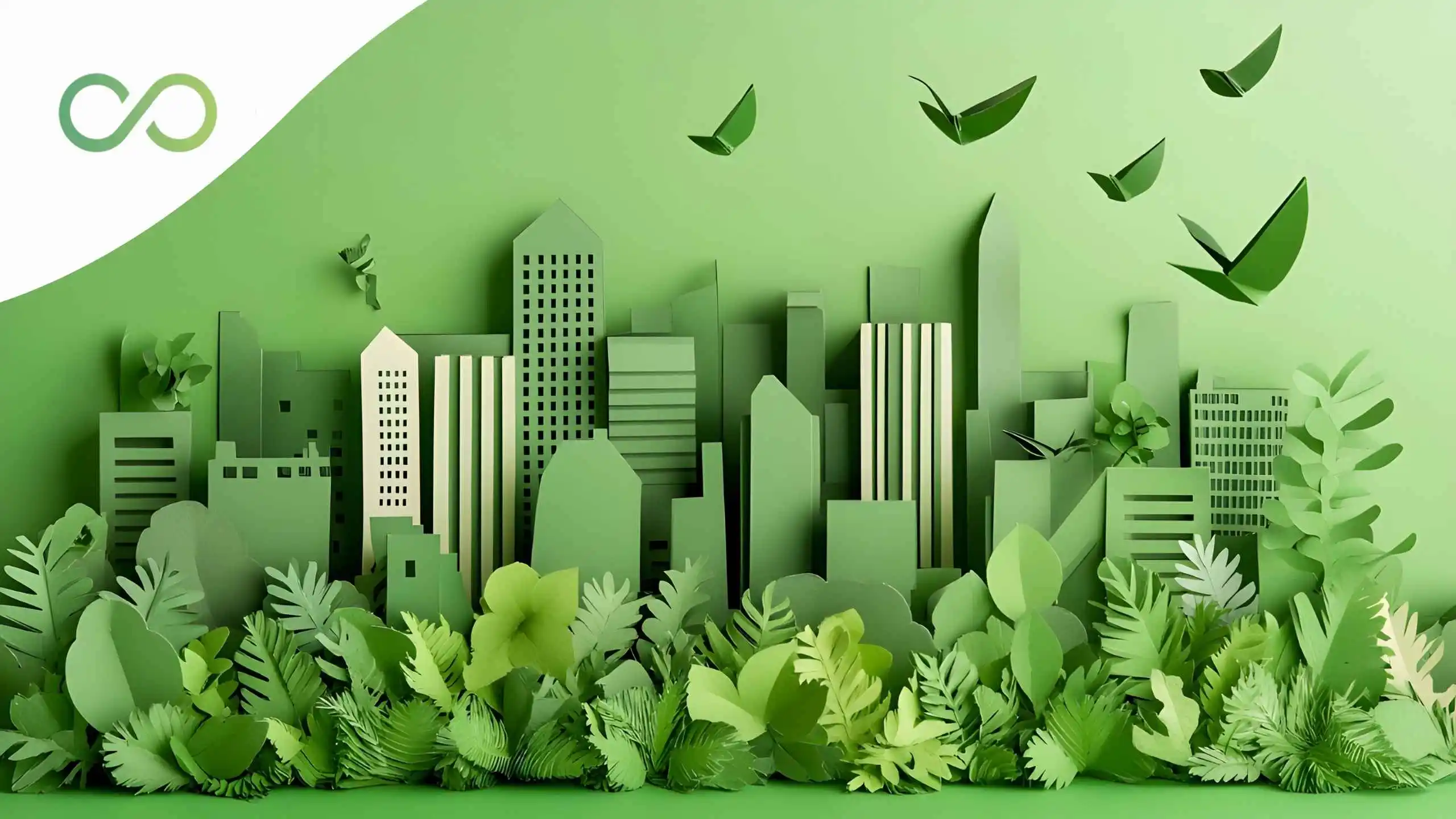 Green paper-cut illustration of a sustainable city skyline surrounded by lush plants and flying birds, symbolizing the circular economy and environmental responsibility.