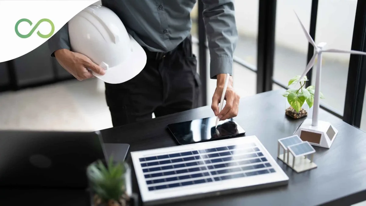Engineer reviewing sustainable energy solutions at a workspace with solar panels, a wind turbine model, and digital planning tools, highlighting green residential projects green loop
