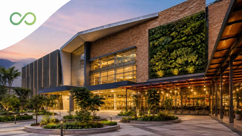 Modern shopping center featuring a green wall, glass façades, landscaped areas, and warm lighting at dusk Results: energy, water, and carbon savings How sustainable architecture firms delivered LEED Platinum for Colombia's largest shopping center green loop