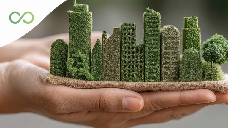 Hands holding a miniature green city with plant-covered buildings and trees, representing sustainable architecture Sustainable architecture firms behind a LEED Green Loop