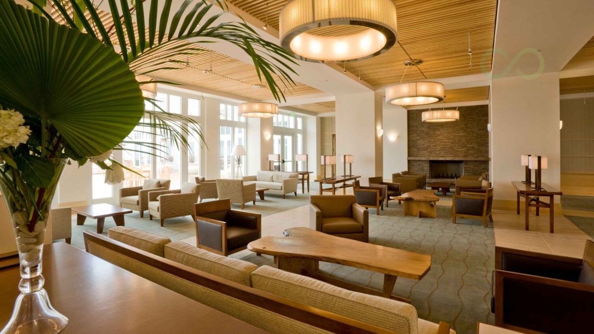 Modern hotel lobby with natural wood finishes, indoor plants, and abundant natural light How to avoid greenwashing green loop