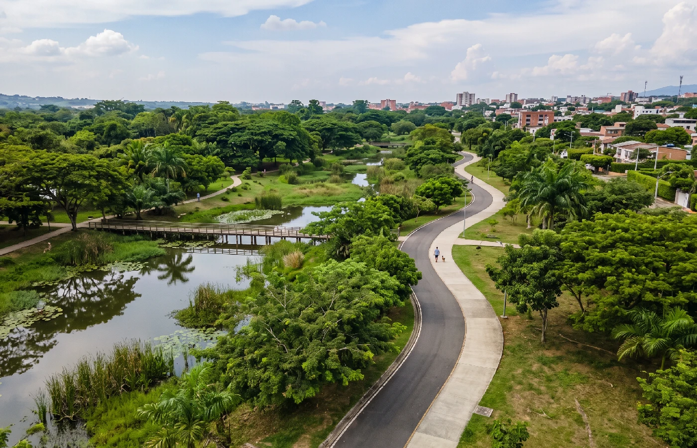 Restored wetland and walking path in Jamundí, part of a green infrastructure project in Colombia