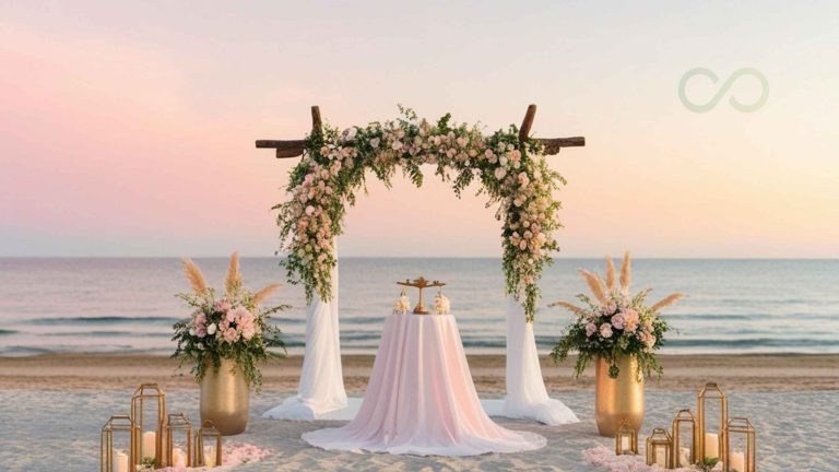 Elegant beachfront wedding ceremony setup featuring a floral arch, pink roses, gold decorative lanterns, and a draped table overlooking the ocean at sunset Sustainable Wedding Venue Caribbean Guide for Resort Operators Green Loop